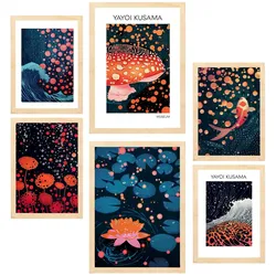 POSTER Set Mit 6 Yayoi Kusama Pilz Ola Japanische Dunkle Farben A3 & A4 Rahmen Aus Hellem Holz