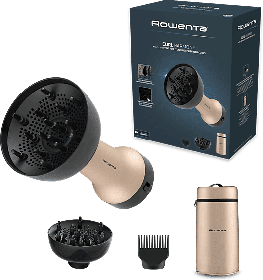 REACONDICIONADO Seminuevo Muy bueno Secador - Rowenta Curl Harmony, Difusor de aire caliente, 3 en 1, 2 velocidades/temperaturas, 700W, Dorado