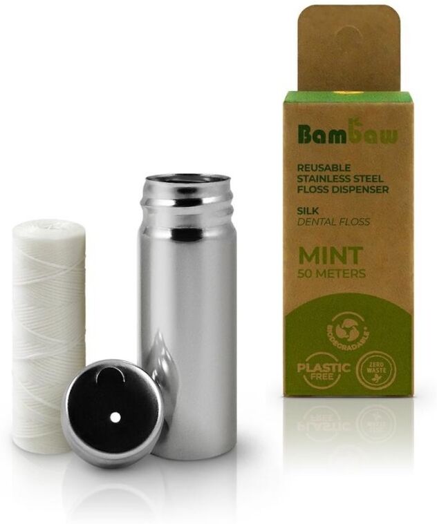 bambaw Filo Interdentale in Seta con Dispenser in Acciaio