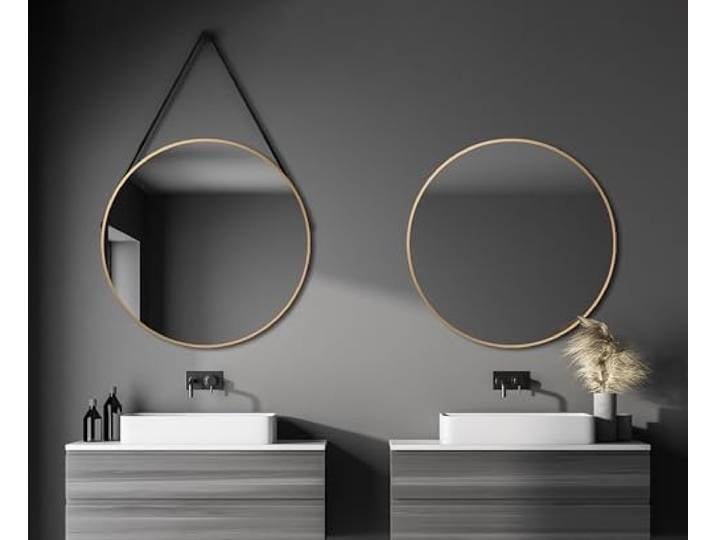Talos Golden Style Spiegel rund Ø 80 cm – Runder Wandspiegel in matt Gold – Badspiegel mit hochwertigem Aluminiumrahmen – Badezimmerspiegel mit trendigem Aufhängeband in Lederoptik – Modernes Design