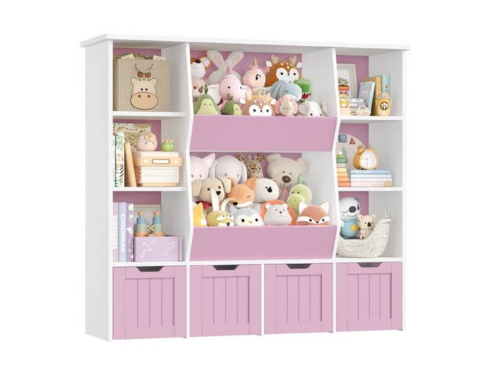 Homfa Kinderregal mit 4 Spielzeugkisten auf Rollen, Spielzeugregal mit 8 offenen Fächern Spielzeugtruhe 124.5x118x35cm