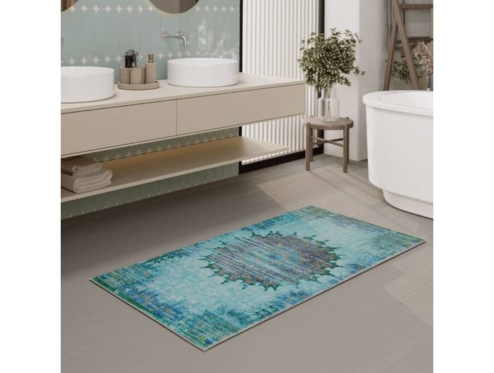 Badematte WECON HOME Healing , blau, H:0,5mm, Polyester, Badematten, Badematte, Vintage, waschbar, rutschfest, schnell trocknend, robust, Badteppich
