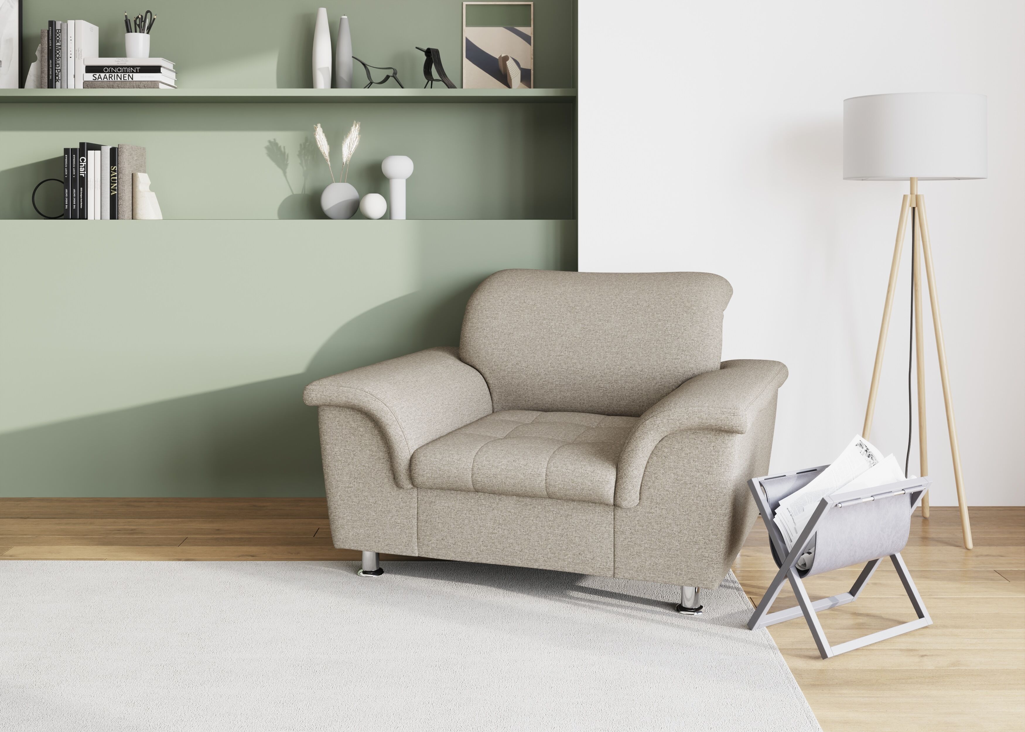 Sessel DOMO COLLECTION "FRANZI zeitlos & elegant, moderne Sitzheftung", braun (schlamm), B:120cm H:81cm T:97cm, 100% Polyester, Sessel, Sessel, wahlw. mit Kopfteilverstellung, bequeme Armlehnen, chromfarbene Füsse schlamm Webstoff fein, ohne Kopfteilverst