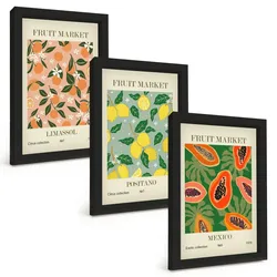 BILDER SET 3er Set - 20x30 cm Schwarzer Rahmen - Zitrusfrüchte, tropischer Retro-Stil