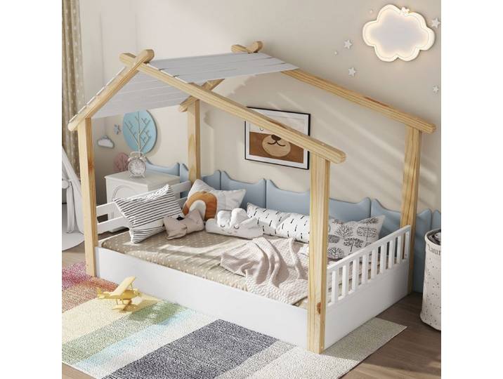 Lit cabane enfant - Design maison bois - Sommier stable - Blanc+Naturel - 90x190cm