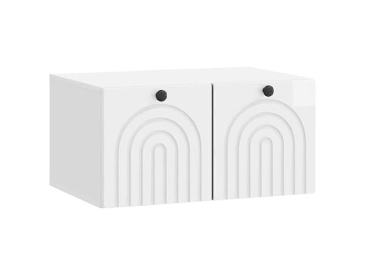 hliofuir Wandmontierter TV Schrank Hochglanz Weiß 59,5x41x30cm Platzsparender Lowboard Hängeschrank für Schlafzimmer und Wohnraum mit 2 Klapptüren und Metallgriffen für Medienzubehör.