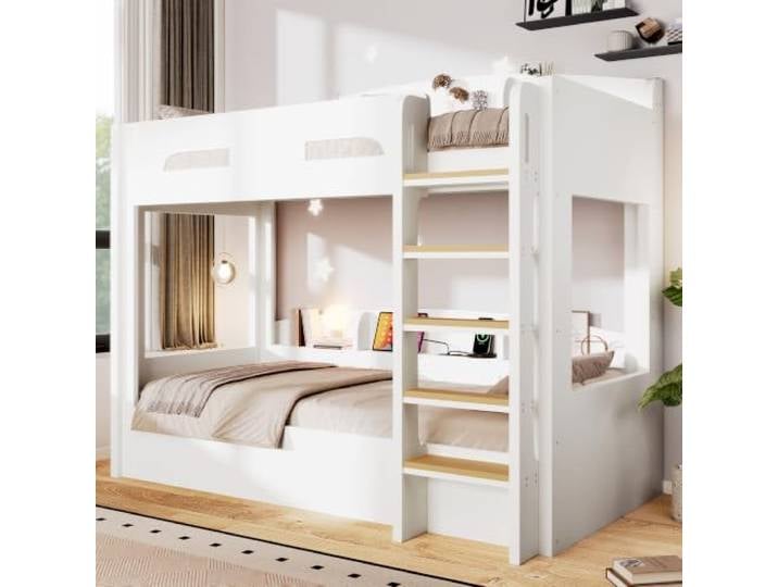 Holzbett Hochbett 90x200 mit Regal & Ausziehbett & Stauraum & USB, Weiß Multifunktionales Kinderbett Jugendbett 90x200 Einzelbett mit Regal, Ausziehbett, USB-Anschluss und Stauraum, Ohne Matratze