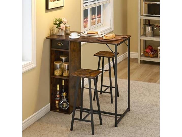 GarveeMore 3-Teiliges Bartisch Set, Esszimmer Set Mit Stauraum & 2 Hocker, Industrielles Design, Küche Bar Table Tisch Hochtisch, Küchentisch Bistrotisch Mit 2 Stühlen Barhocker, Retro Braun