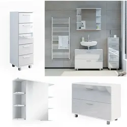 Vicco Badmöbel-Set Ilias Weiß Hochglanz modern Waschtischunterschrank Spiegelschrank Midischrank