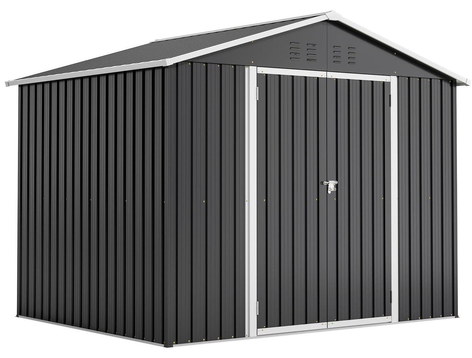 Geräteschuppen Metall 240x192x191 cm mit Fundamentrahmen, wetterfest, abschließbar, Doppeltür, Schwarz