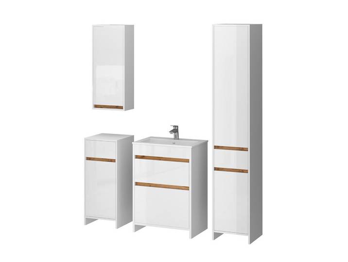 Vicco Badmöbel-Set Detmold, Weiß Hochglanz/Goldkraft Eiche, 5-teilig, Weiß Hochglanz, Eichefarben, Holzwerkstoff, 10 Fächer, 4 Schubladen, nicht einzeln stellbar,Rechteckig, 60x81.9x40 cm, Badezimmer, Badmöbelsets & -serien, Badmöbelset