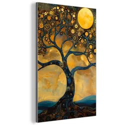 METALLBILD Baum - Mond - Blumen - Gold - Kunst 80x120 cm