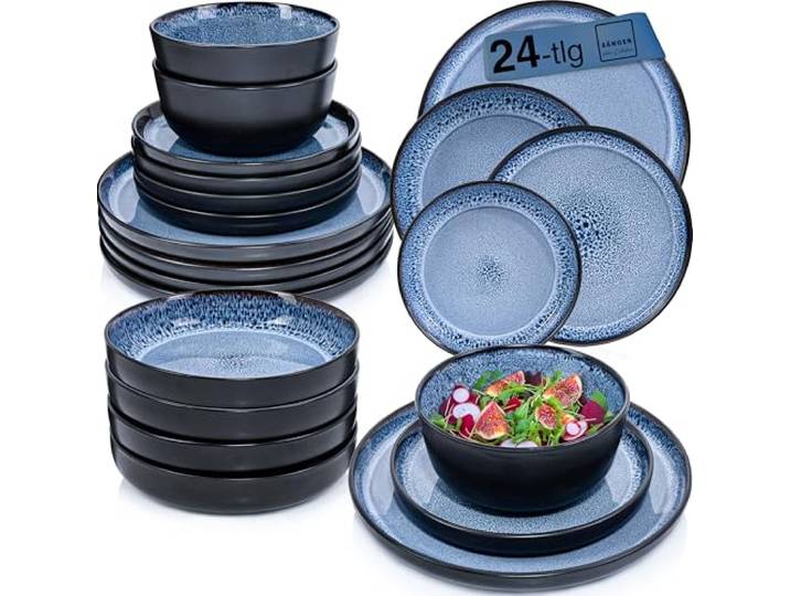 SÄNGER Aruba Steingut Geschirrset 6 Personen, Teller Set 24-tlg Blau Handmade Geschirr Set: Tafelservice mit Tellern, Müslischalen & Pastateller, spülmaschinen- & mikrowellengeeignet, kratzfest