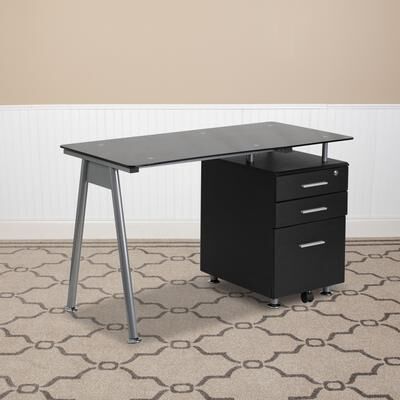 Flash Furniture Computer Desk with Tempered Glass Top and Three Drawer Pedestal