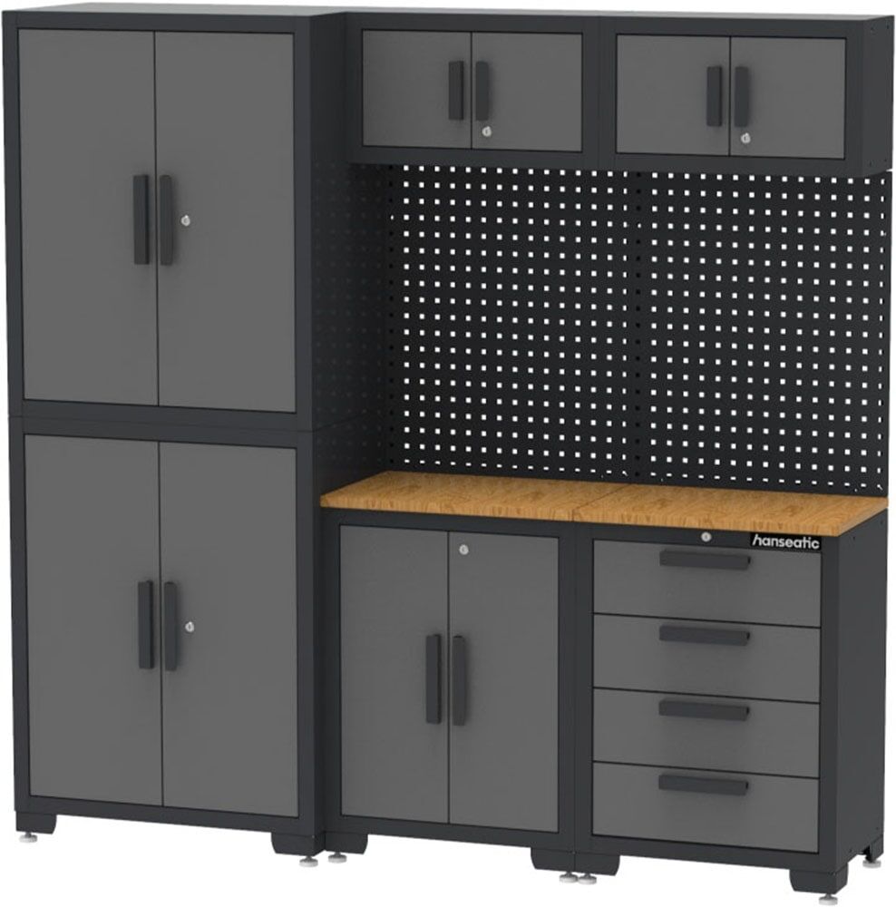 Werkstatt-Set HANSEATIC "Hanseatic Werkstatt-Set Sydney", grau, B:195cm H:192cm L:195cm T:47cm, Bambus, Metall, Stahl, Werkbänke, vormontiert, abschließbar, höhenverstellbar, Topseller