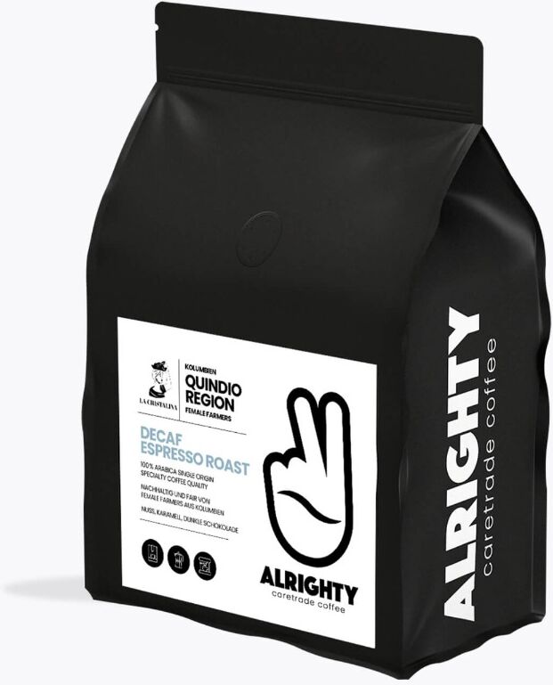 Alrighty Colombia Decaf Espresso 250 g   Ganze Bohne   Kolumbien, Quindio   Entkoffeinierter Arabica Kaffee mit feinen Noten von Karamell & Schokolade