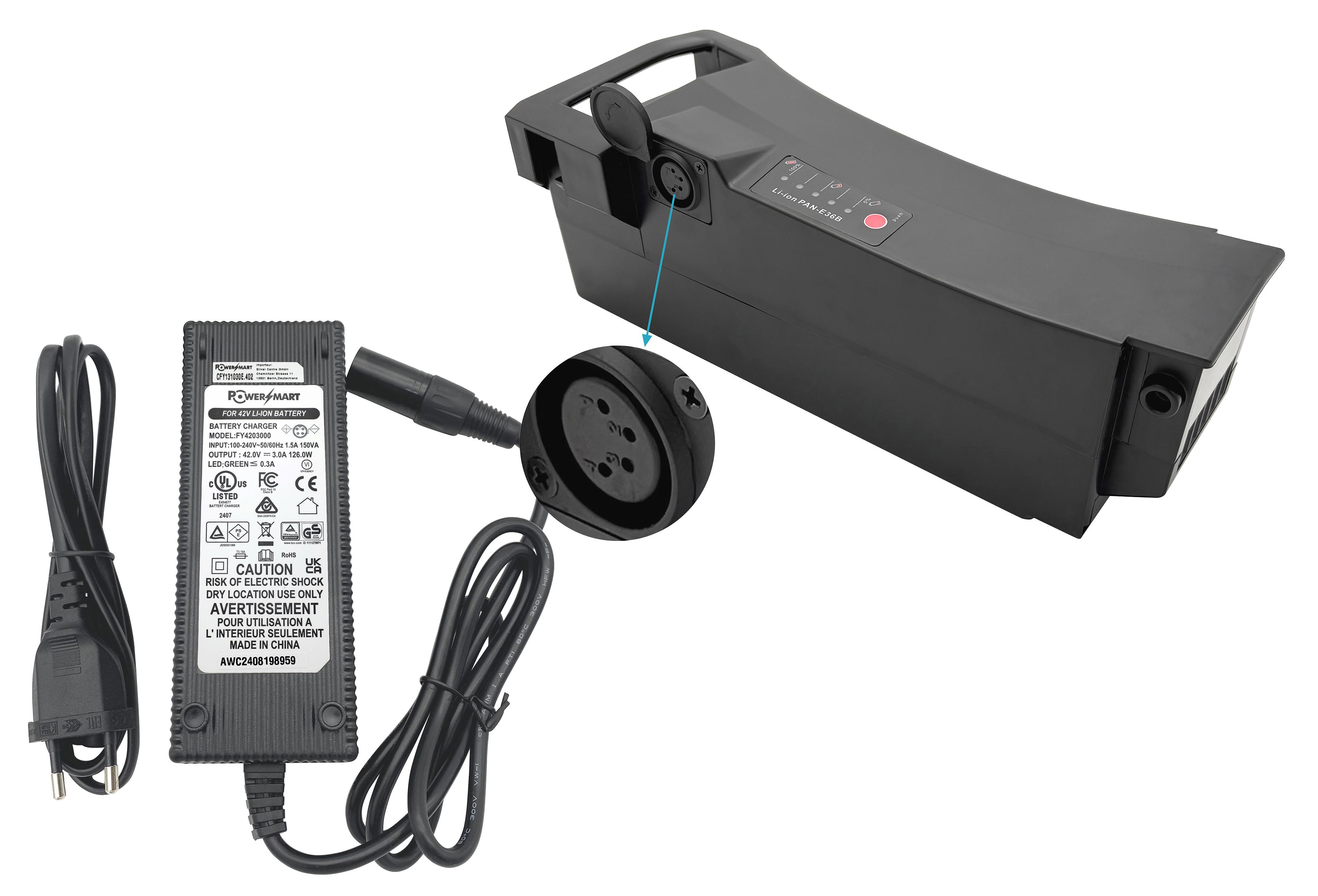 PowerSmart 36V Akku 17Ah Batterie für Gazelle Impulse C8 Impulse EM C7 Impulse EM C7+ Impulse EM C8 mit Ladegerät