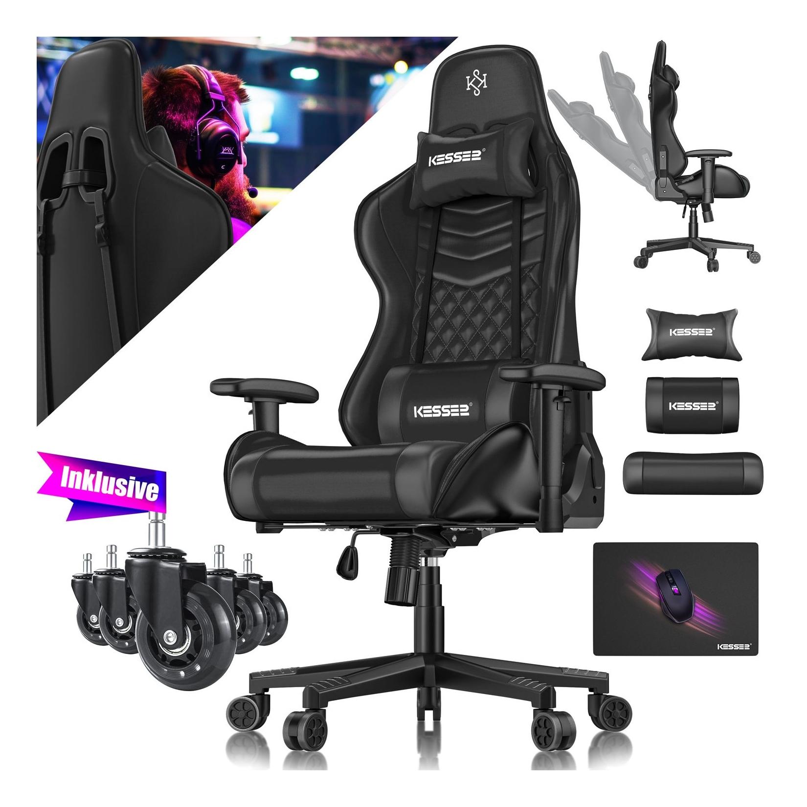 KESSER® Gaming Stuhl Ergonomisch Bürostuhl mit Kopfstütze & Lendenkissen Racing Gamer Stuhl 150kg belastbar Armlehne 360° Drehbarer Schreibtischstuhl Gaming Chair + Gummi-Rollen