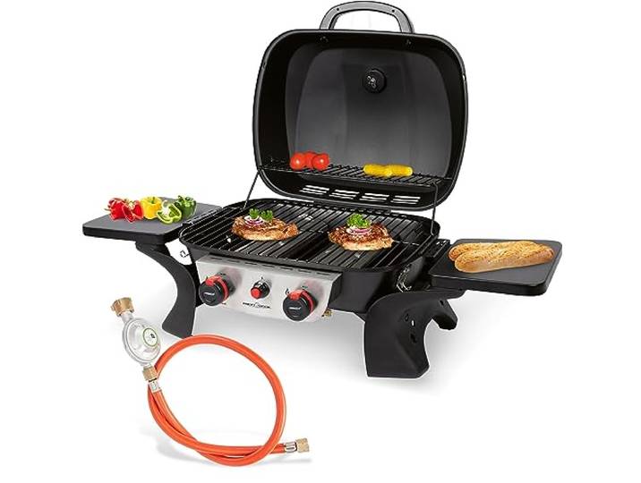 ProfiCook Gasgrill mit 2 Edelstahlbrennern Tischgrill inkl. Gasdruckminderer & Gasschlauch Grill mit Stabiler Metallhaube & Temperaturanzeige Gasgrill klein für Balkon & Camping PC GG 1261
