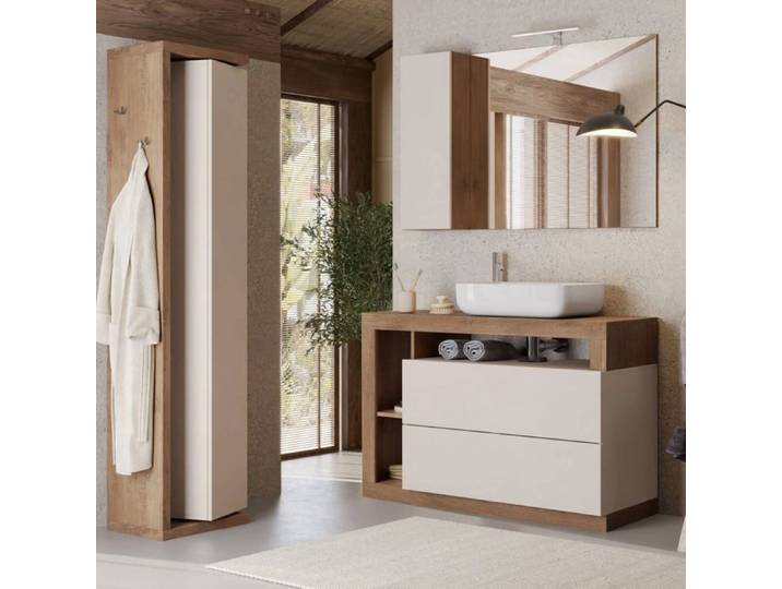 Ensemble salle de bain meuble avec vasque 110cm + colonne pivotante cachemire et bois Mercure - ARTURO