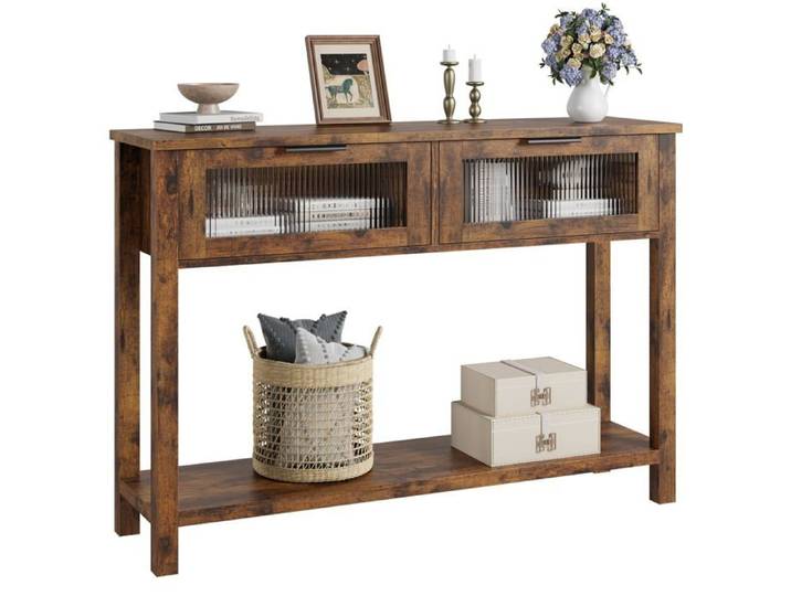 Console d'entrée - LUNSY - 110x30x80 cm - Marron - Deux tiroirs - Étagère inférieure - Style campagnard - Format compact