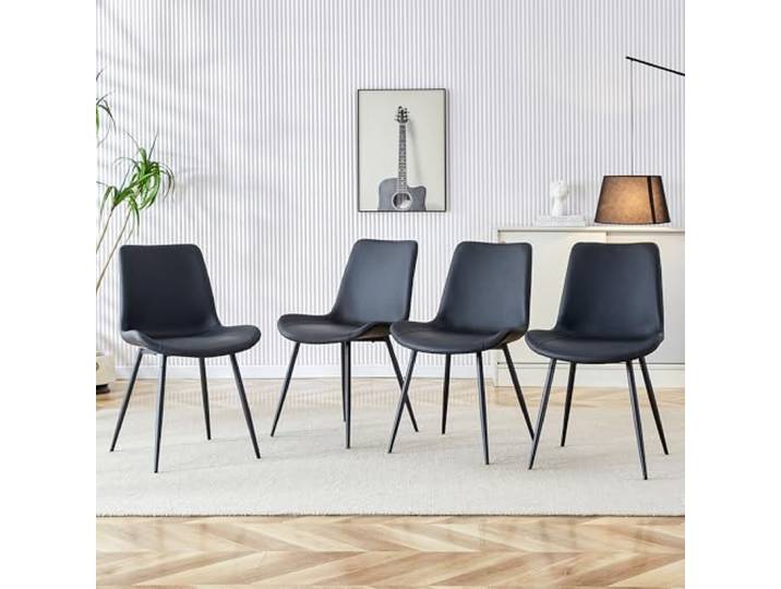 Bellemave Ergonomische Esszimmerstühle 4er Set, Kunstleder Schwarz, Metall