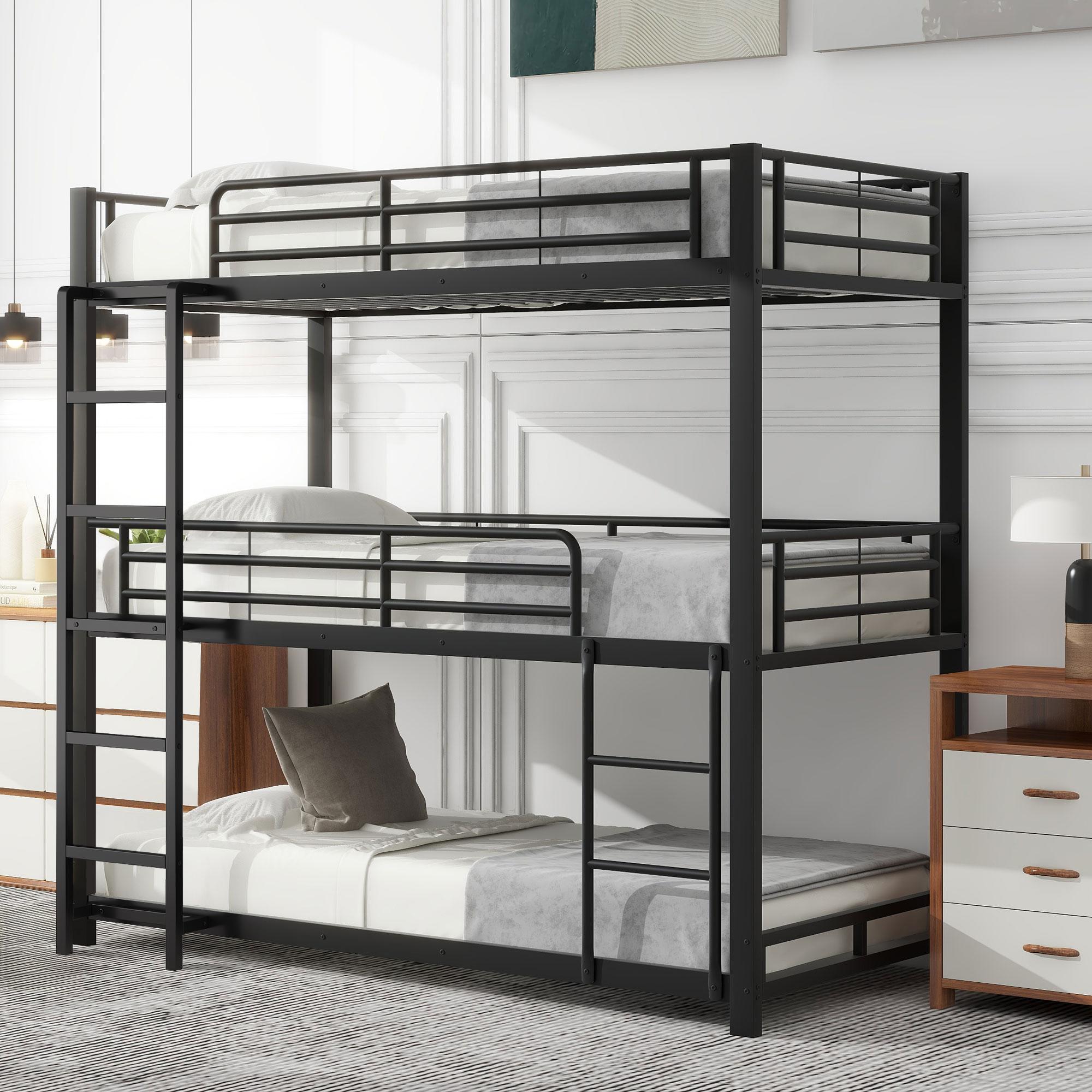 Sweiko 90x200cm Bettgestell Metallbett,Etagenbett,Eisenbett, Dreifach-Etagenbett für Kinder, Jugendliche und Erwachsene, Schwarz