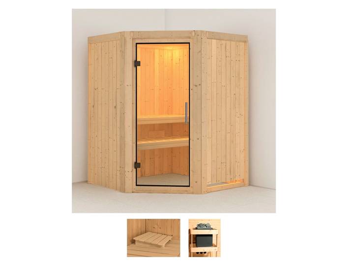 Sauna KARIBU Larin , beige (naturbelassen), ohne Ofen, (ohne Ofen), Saunen, Sauna, ohne Ofen