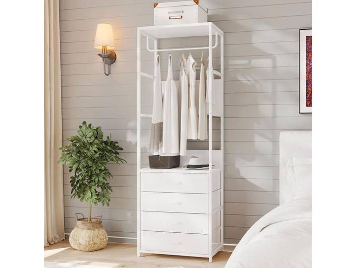 VOWNER Vestiaire Entrée avec 4 Tiroirs Armoire de Penderie Étroite 60cm Banc à Chaussures en Métal Porte-Manteau Blanc Lit