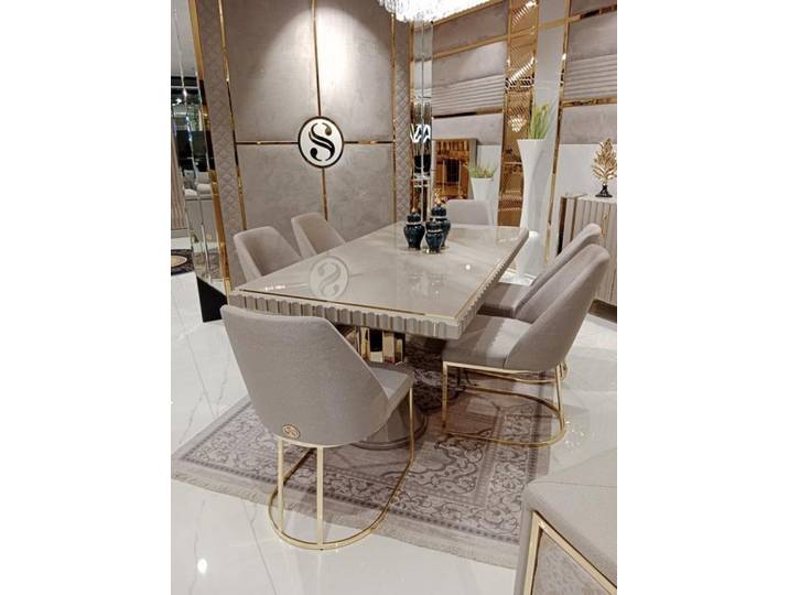 JVmoebel Esszimmer-Set Elegantes Esszimmermöbel aus Holz in neutralen Grautönen, (7-St., Esstisch + 6x Stühle), Made in Europa