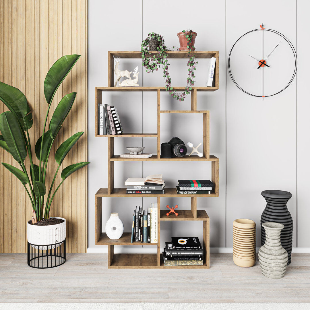 Zipcode Design Sandra Bookcase   Asymmetric Freestanding Bookcase with 10 Compartments Brown 427.99cm H X 243.84cm W X 64.77cm D