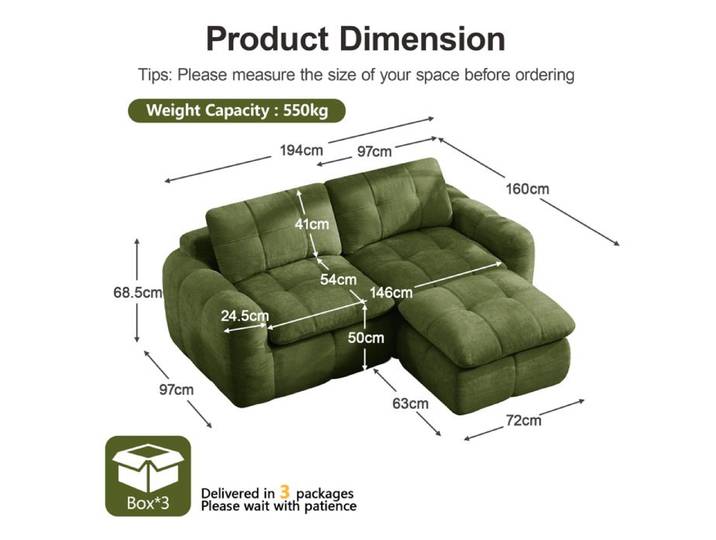 ELVORIN Canapé modulaire d'angle 2 places 194 x 160 x 68 5 cm chenille verte ottoman inclus sans montage