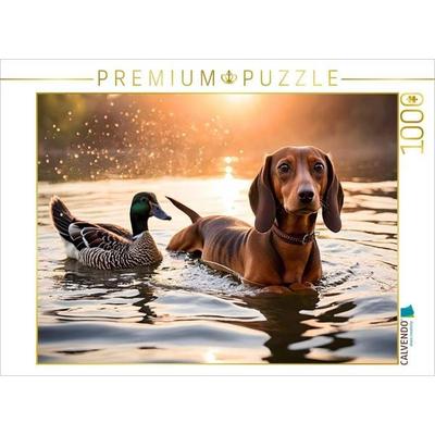 CALVENDO Puzzle Dackel und Ente schwimmen im Wasser | 1000 Teile Lege-Größe 64 × 48 cm Foto-Puzzle für glückliche Stunden, von , Calvendo Puzzle