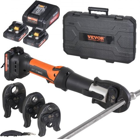 VEVOR Professionele Elektrische Pijpkrimptang Set met M15, M22 en M28 Bekken, 2 x 18V 2.0Ah Accu's en Snellader, Oranje