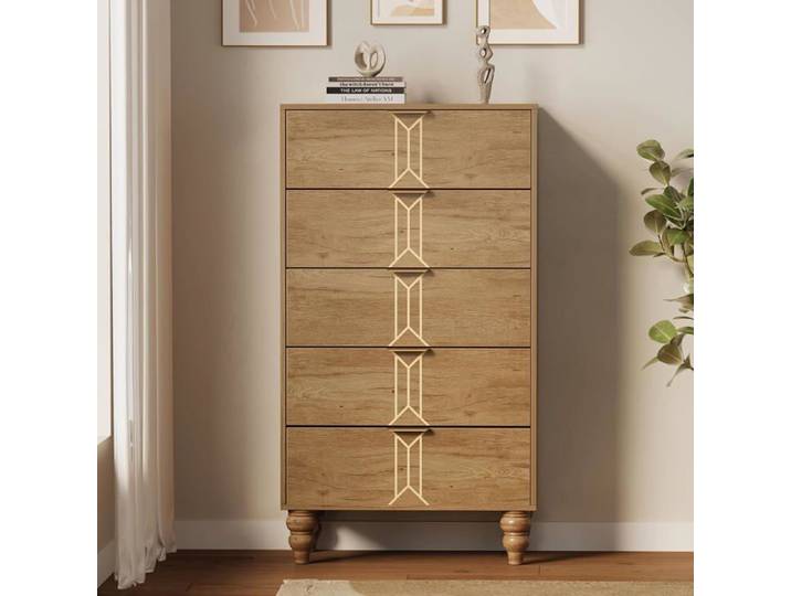 Commode haute - LUNSY - 5 tiroirs - 60x40x125 cm - Beige - Design moderne - Montage facile - Stable et durable