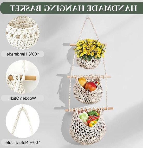 Boho handgeweven opbergmand met 3 niveaus in wit rattan en textiel