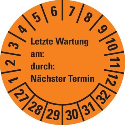 Dreifke® Prüfplakette Letzte Wart.,am,durch,Nächste Prüf.27-32,orange,Dokufolie,Ø30mm,18/BOG