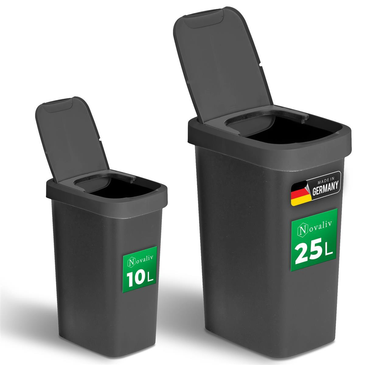 Novaliv Afvalemmer-set 10L en 25L met 2-in-1 geurwerend deksel, plastic afvalbakken voor keuken, badkamer of kantoor