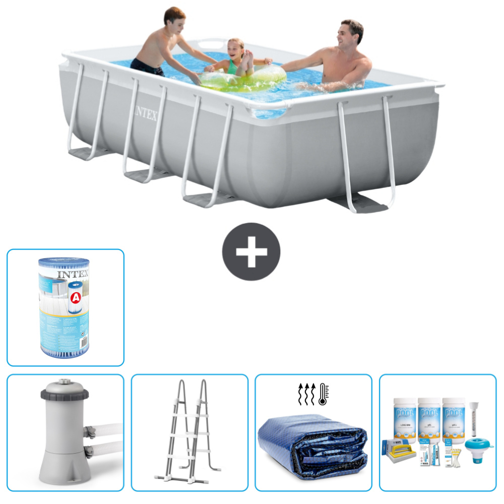 Intex Rechteckiges Prisma-Rahmen-Schwimmbecken - 300 x 175 x 80 cm - Grau - inklusive Pumpe - Leiter Sonnensegel - Wartungspaket - Filter