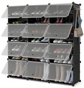Costway 12-Cube 48 Pairs Portable Shoe Shelves with Hook-Black