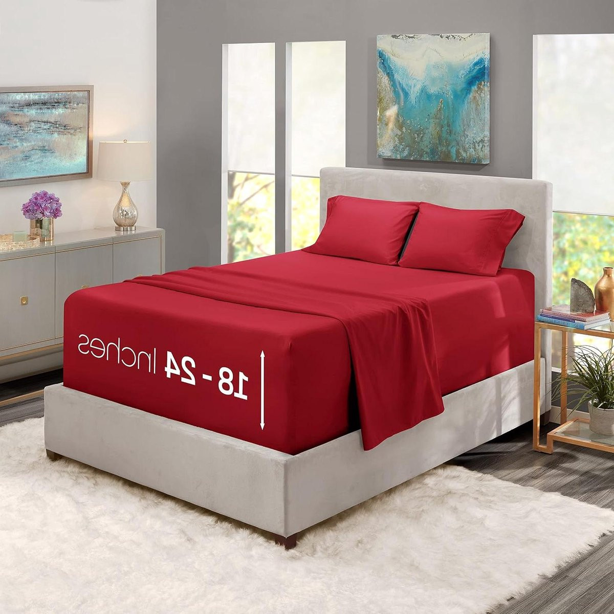 4-delige Kingsize hoeslaken set met extra diepe zakken in bordeauxrood