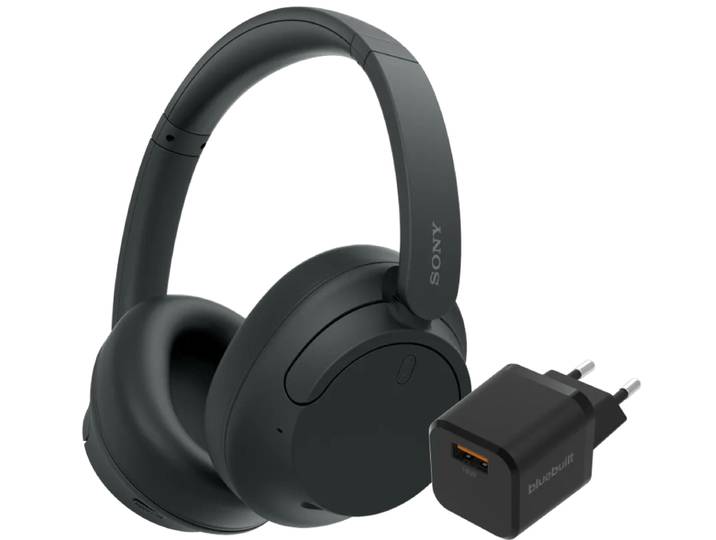 Sony WH-CH720N Zwart + BlueBuilt Quick Charge Oplader met Usb A Poort 18W Zwart