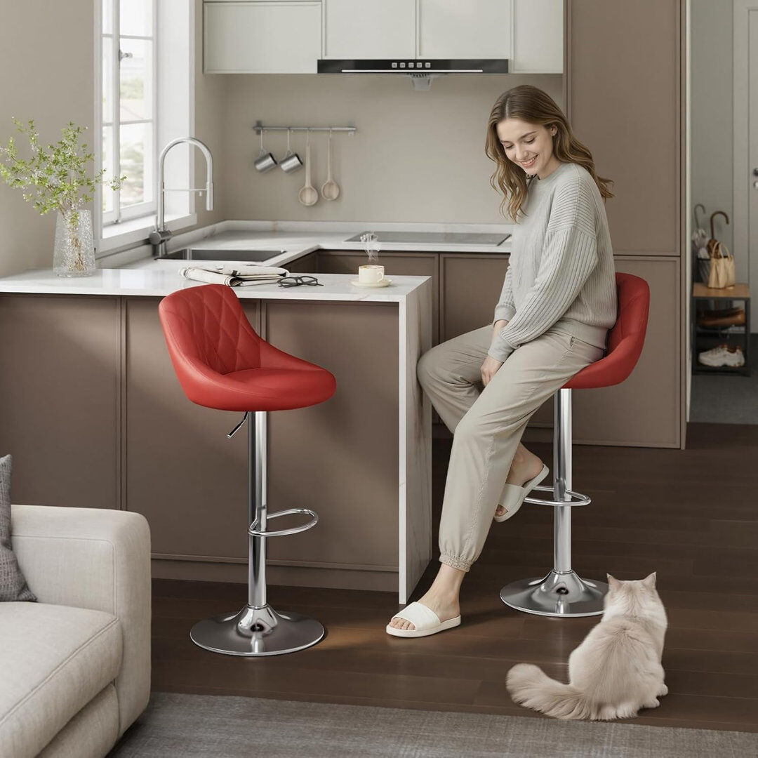 WOLTU Swivel Upholstered Faux Leather Adjustable Height Bar Stool Red Faux 2