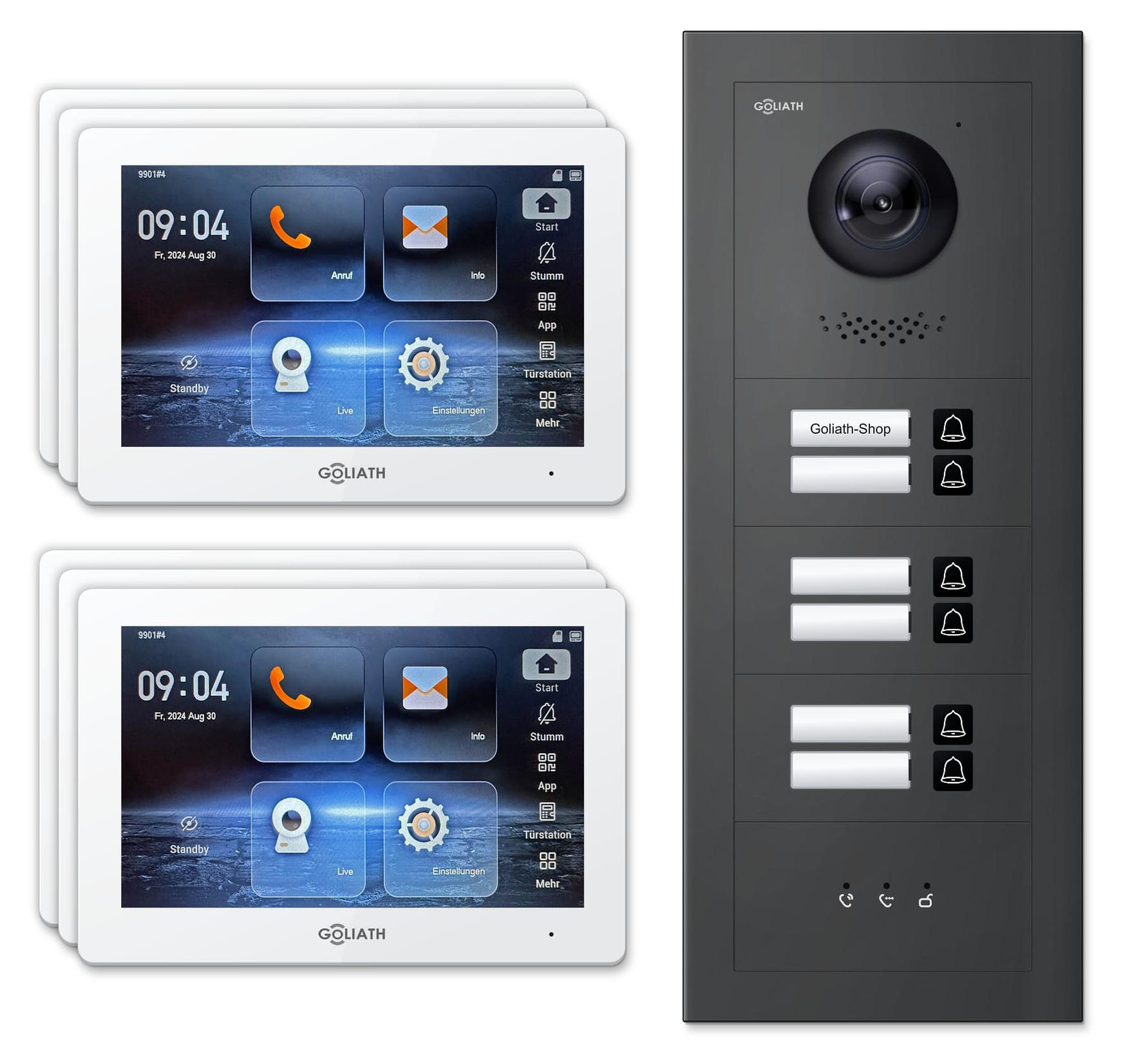 Goliath Premium IP GL-IPH605A Video-Türsprechanlage, 6 Familien, 6× 7 Zoll Weiß, Anthrazit, Unterputz