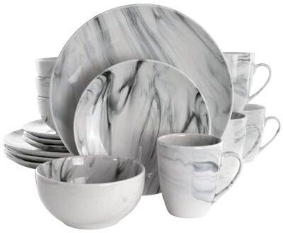 Elama Fine Marble 16 Piece Stoneware Dinnerware Set in Black and White