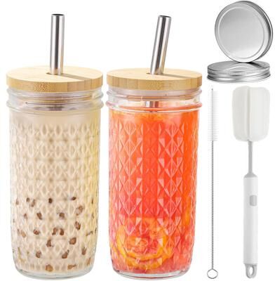 Inspire Daily Merch Reusable Boba Tea Cups, Glass Tumblers With Lids And Straws, Mason Jar Drinking Glasses For Iced Coffee 01 710ml