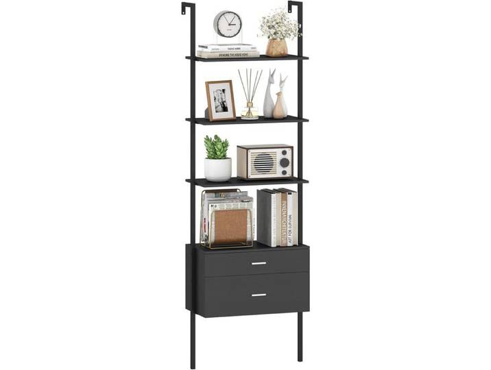 GOPLUS Étagère Échelle avec 4 Niveaux d'Étagères Ouvertes Cadre Métallique et 2 Tiroirs Style Industrielle pour Salon Chambre Noir