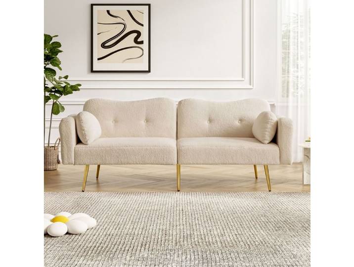 COVREO Canapé convertible 2 places beige dossier réglable 3 positions pieds métal doré