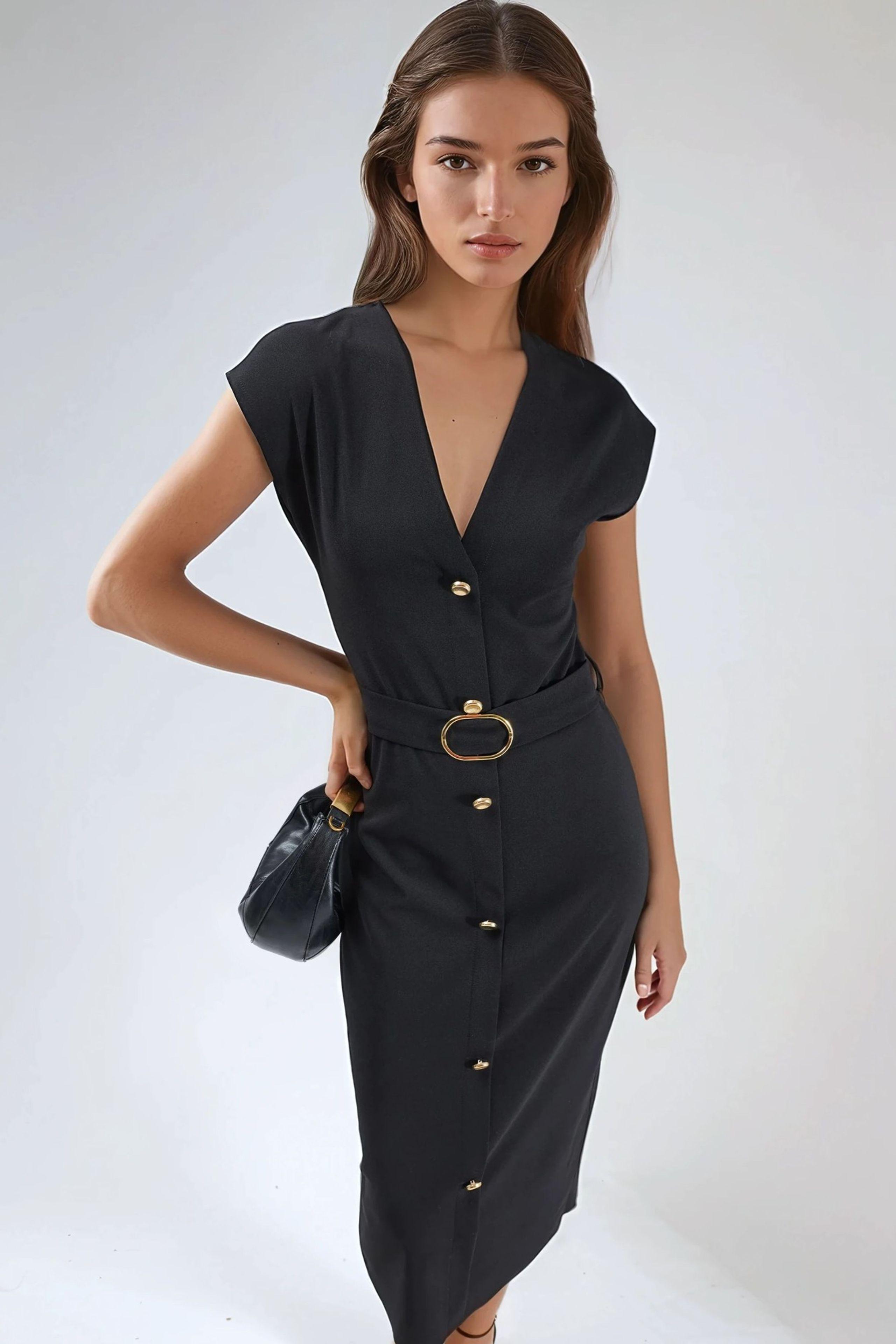 Gestructureerde Midi Jurk met V-hals