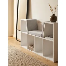 Regalbank – Weiß matt, 101,5x61,5x30 cm, mit Sitzfläche Grau, 6 Fächer